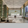 Modern Hotel Lobby Interior With Green Columns Sofas Bookshelves And Large Windows 3d model