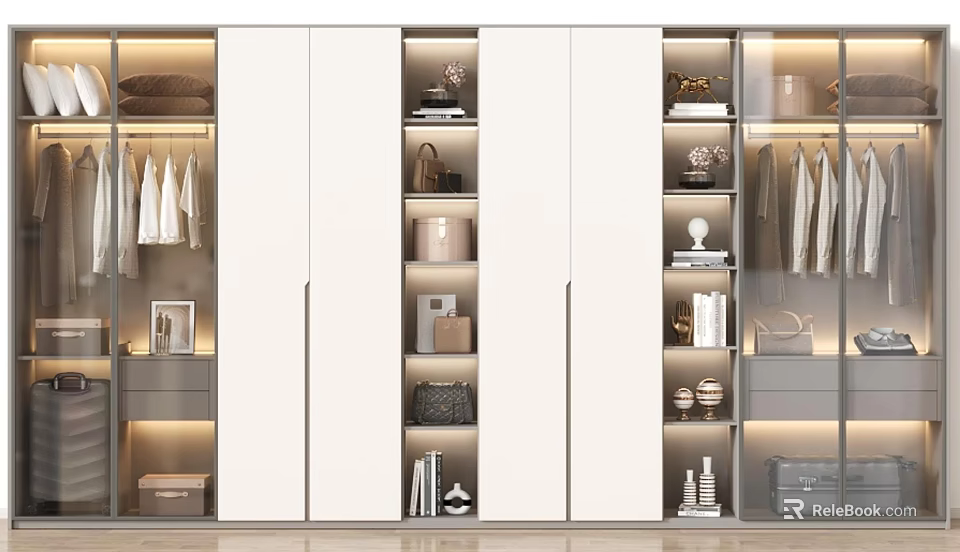 Modern Wardrobe Interior With Hanging Clothes Storage Boxes And Decorative Items 3d model