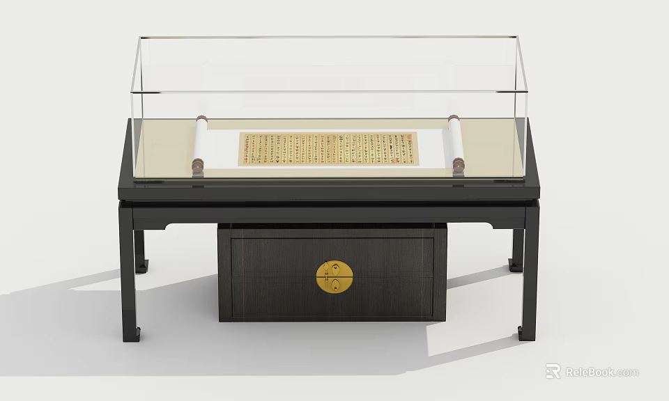 Traditional Display Cabinet with Transparent Glass Cover Holding Ancient Scroll and Brass Lock Drawer 3d model 