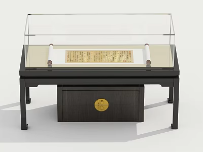 Traditional Display Cabinet with Transparent Glass Cover Holding Ancient Scroll and Brass Lock Drawer 3d model