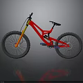 Mountain Bike Featuring Red Frame Yellow Fork Large Tires Black Seat And Reflection