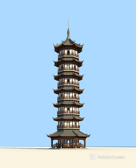 Traditional Chinese Pagoda with Multiple Floors and Curved Eaves Against Blue Sky 3d model 