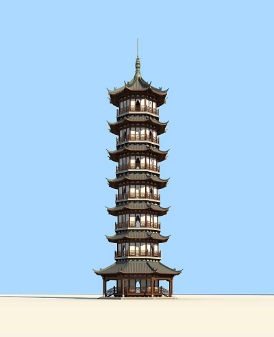 Traditional Chinese Pagoda with Multiple Floors and Curved Eaves Against Blue Sky 3d model