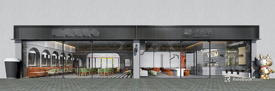 Modern Milk Tea Shop Exterior With Glass Windows And Indoor Seating Green Chairs Wooden Tables 3d model 