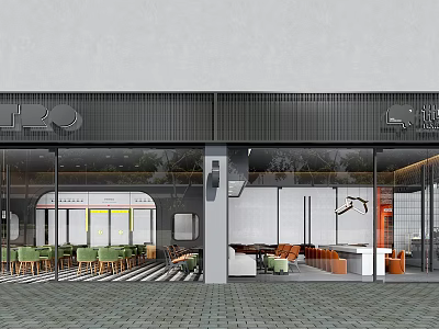Modern Milk Tea Shop Exterior With Glass Windows And Indoor Seating Green Chairs Wooden Tables 3d model