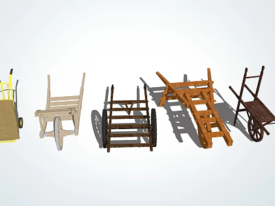 Different Styles Of Wooden Industrial Equipment Including Wheelbarrows Ladders And Tools 3d model