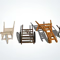 Different Styles Of Wooden Industrial Equipment Including Wheelbarrows Ladders And Tools