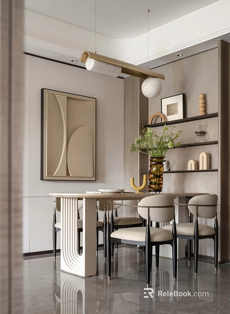 Modern Elegant Restaurant Interior With Dining Table Chairs Wall Artwork Decorative Shelf And Vase Plants 3d model 