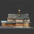 Traditional Wooden Building With Golden Dome Multiple Sloped Roofs Green Lawn And Paved Ground
