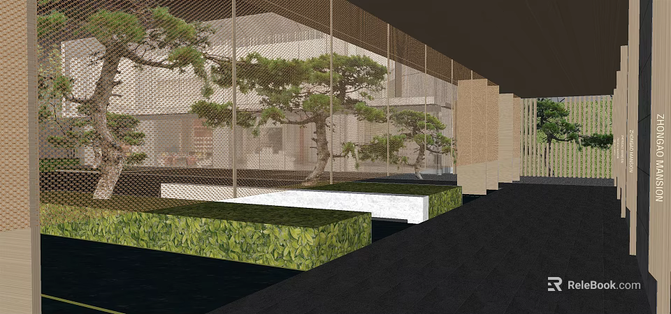 Modern Garden Landscape Design With Mesh Screen Pine Trees And Green Plant Beds 3d model 