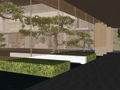 Modern Garden Landscape Design With Mesh Screen Pine Trees And Green Plant Beds 3d model