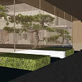 Modern Garden Landscape Design With Mesh Screen Pine Trees And Green Plant Beds