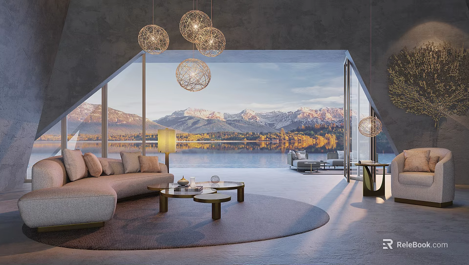 Modern Beige Sofa and Coffee Table Set with Mountain Lake View and Pendant Lights 3d model 