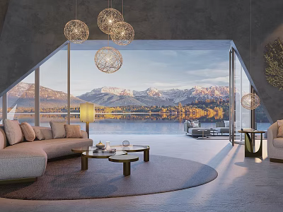 Modern Beige Sofa and Coffee Table Set with Mountain Lake View and Pendant Lights 3d model