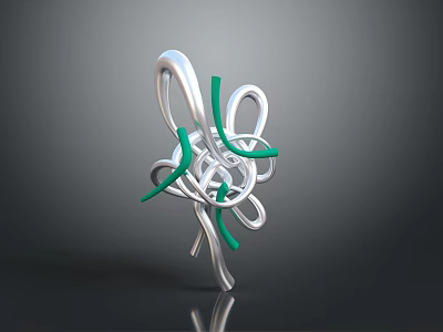 Abstract Silver And Green Twisted Sculpture With Curved Metal Elements 3d model