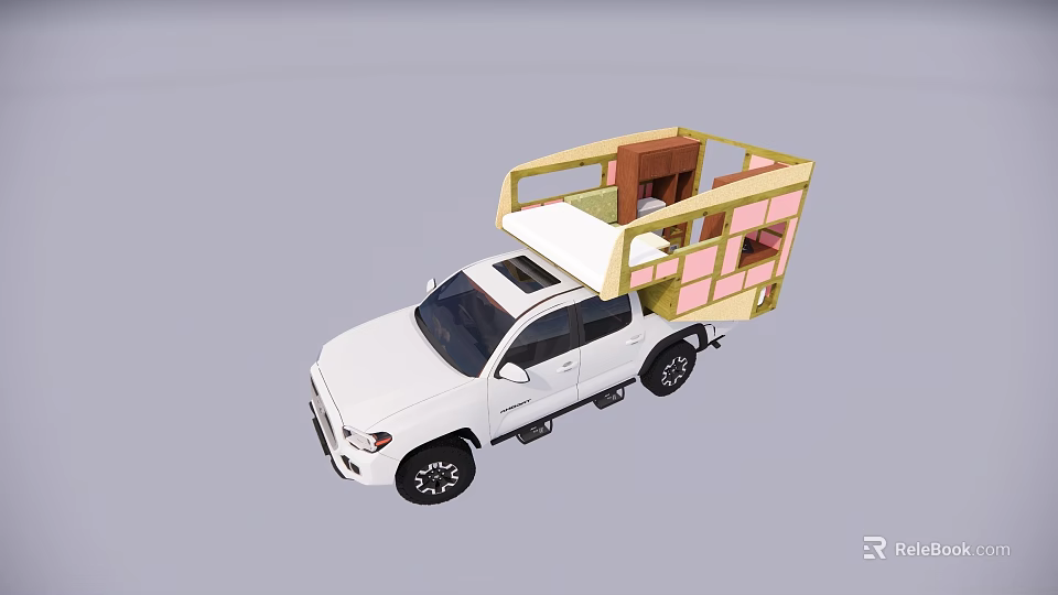 White Pickup Truck With Camper Unit On Roof For Mobile Camping Living 3d model 