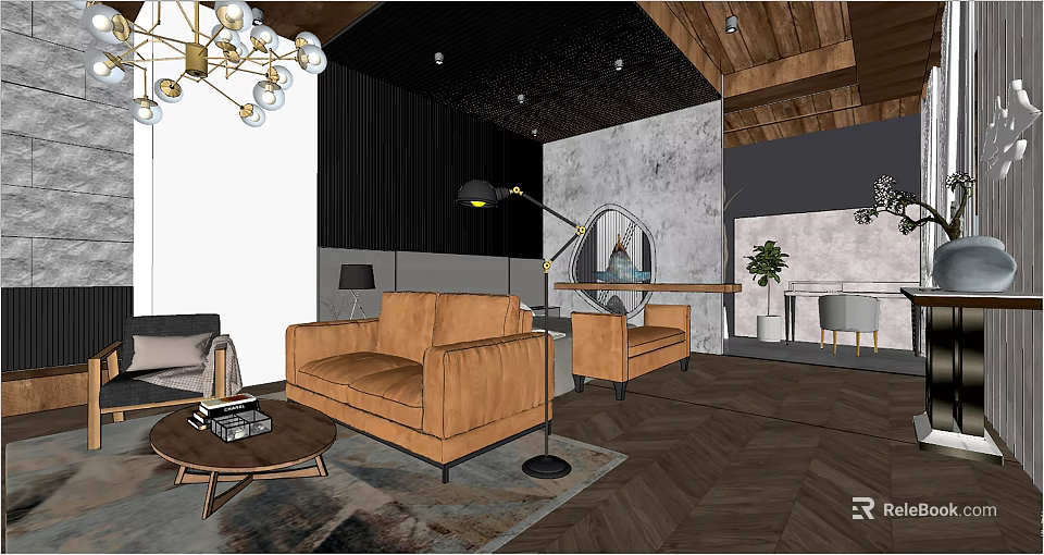 Modern Hotel Guest Room Interior Design With Brown Leather Sofas Wooden Ceiling And Geometric Rug 3d model 