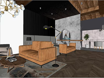 Modern Hotel Guest Room Interior Design With Brown Leather Sofas Wooden Ceiling And Geometric Rug 3d model