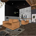 Modern Hotel Guest Room Interior Design With Brown Leather Sofas Wooden Ceiling And Geometric Rug