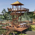 Modern Viewing Deck Viewing Tower Viewing Platform Viewing Tower Mountain Wooden Plank Road Thatched House Rural Corridor Viewing Tower 3d model