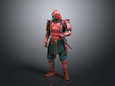 Man Wearing Traditional Red Samurai Armor With Helmet And Green Pants 3d model
