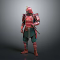 Man Wearing Traditional Red Samurai Armor With Helmet And Green Pants