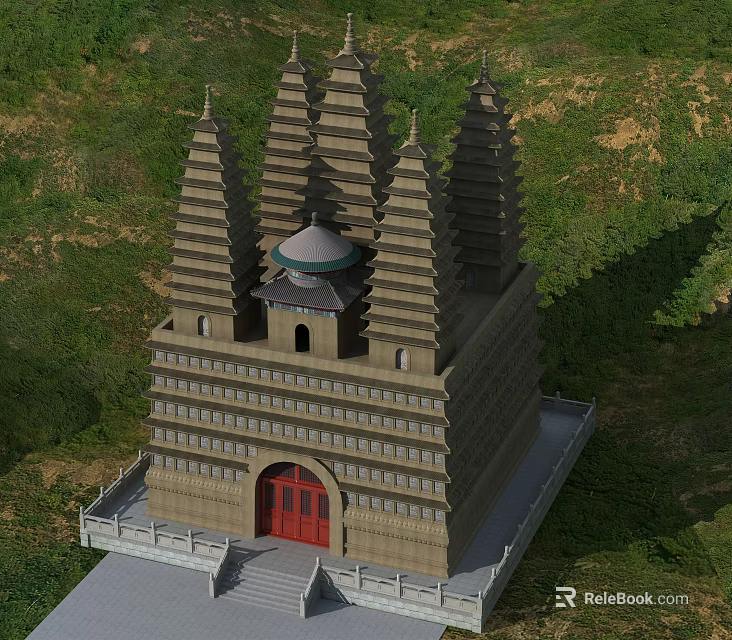 Multi Tiered Pagoda With Stone Brick Structure Red Gate And Green Hillside 3d model