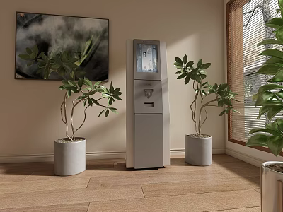 Showroom Interior With Modern Water Dispenser Green Plants Decorative Painting And Wooden Floor 3d model