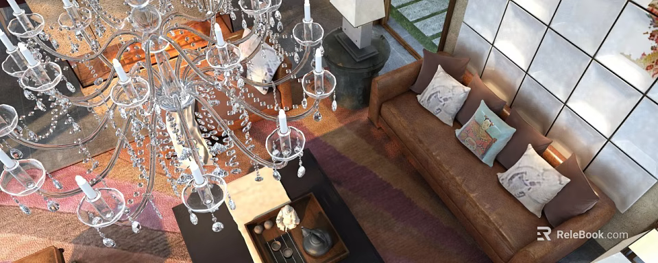 Crystal Chandelier In Modern Living Room Interior With Brown Sofa Area Rug And Coffee Table 3d model 