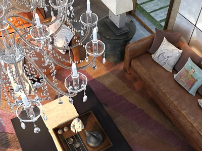 Crystal Chandelier In Modern Living Room Interior With Brown Sofa Area Rug And Coffee Table 3d model