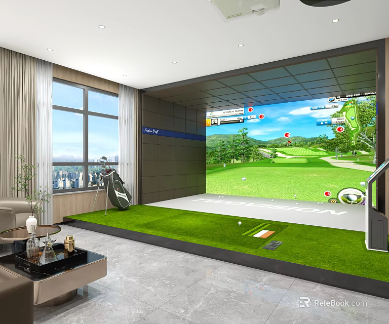 Clubhouse Interior With Indoor Golf Simulator Green Putting Mat And Golf Clubs 3d model 