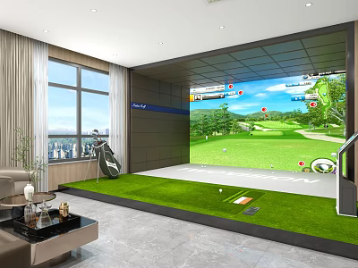 Clubhouse Interior With Indoor Golf Simulator Green Putting Mat And Golf Clubs 3d model