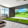 Clubhouse Interior With Indoor Golf Simulator Green Putting Mat And Golf Clubs