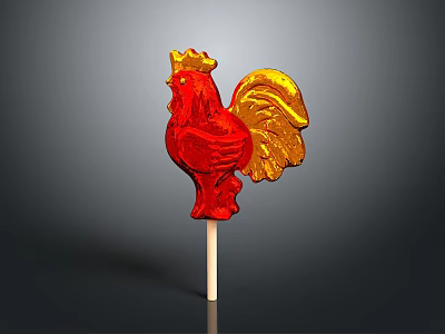 Red And Gold Rooster Shaped Lollipop On Wooden Stick With Shiny Surface 3d model