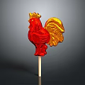 Red And Gold Rooster Shaped Lollipop On Wooden Stick With Shiny Surface