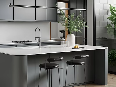 Modern Open Kitchen Interior With Gray Cabinets White Countertop Island And Black Bar Stools 3d model
