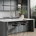 Modern Open Kitchen Interior With Gray Cabinets White Countertop Island And Black Bar Stools