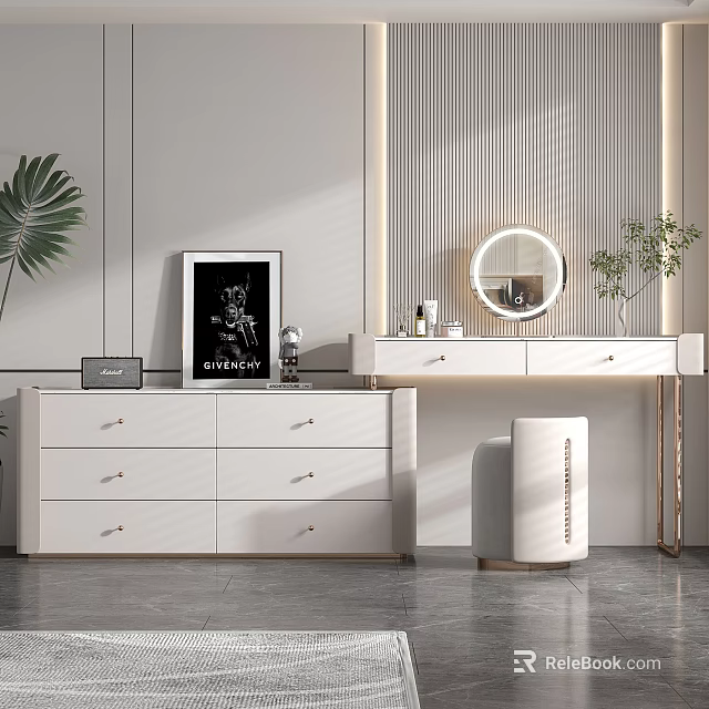 Modern White Vanity Dresser With Round Mirror Framed Art And Potted Green Plant 3d model 