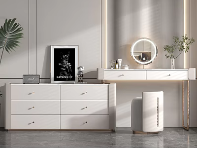 Modern White Vanity Dresser With Round Mirror Framed Art And Potted Green Plant 3d model