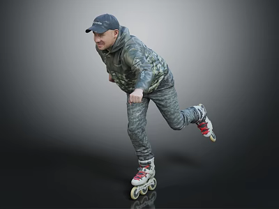 Man In Camouflage Jacket And Pants With Baseball Cap Rollerblading Dynamically 3d model
