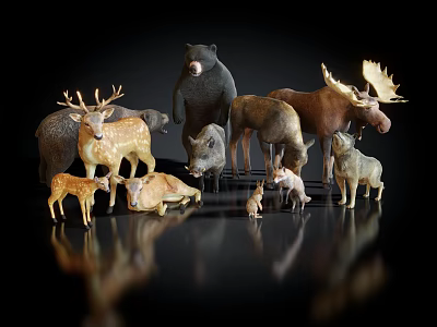 Various Wild Animal Figurines Including Bear Deer Moose And Pig On Black Background 3d model