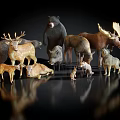Various Wild Animal Figurines Including Bear Deer Moose And Pig On Black Background