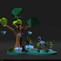 Low Poly Scene With Geometric Tree Green Yellow Leaves Flying Birds Blue Flamingo And Plants