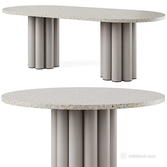 Modern Light Gray Round Dining Table With Textured Stone Top And Cylindrical Legs 3d model