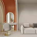 Elegant Beauty Hair Salon Interior With Arched Door Beige Sofa And Green Outdoor View