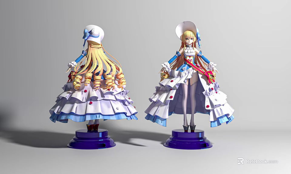 Anime Character Figurines Front Back View With Elegant Dress White Hat And Purple Base 3d model 