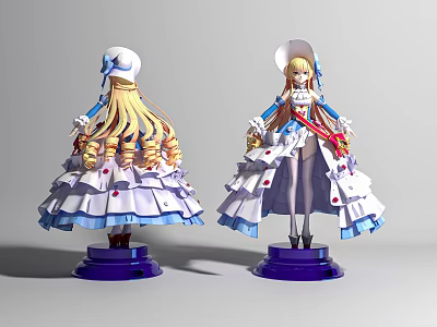 Anime Character Figurines Front Back View With Elegant Dress White Hat And Purple Base 3d model
