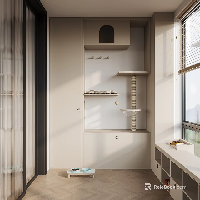 Minimalist Home Balcony Interior With White Shelves Sink Window Blinds And Natural Light 3d model 