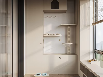 Minimalist Home Balcony Interior With White Shelves Sink Window Blinds And Natural Light 3d model