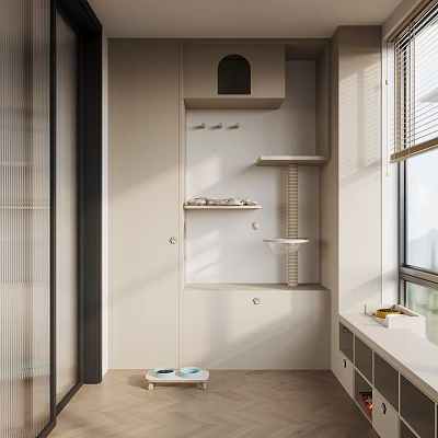 Minimalist Home Balcony Interior With White Shelves Sink Window Blinds And Natural Light 3d model